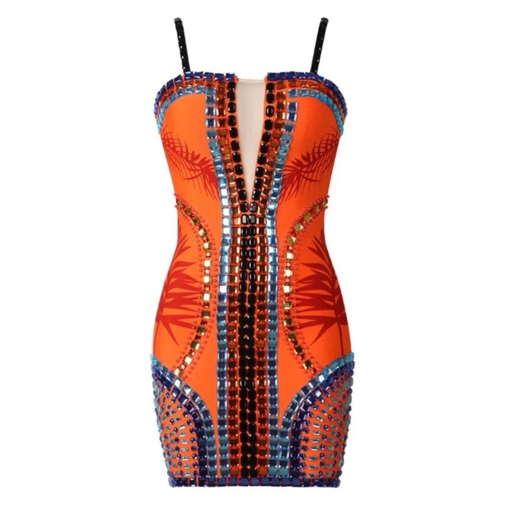MESH V NECK EMBELLISHED BEADED GEM BANDAGE SPAGHETTI STRAP BODY CON MINI DRESS